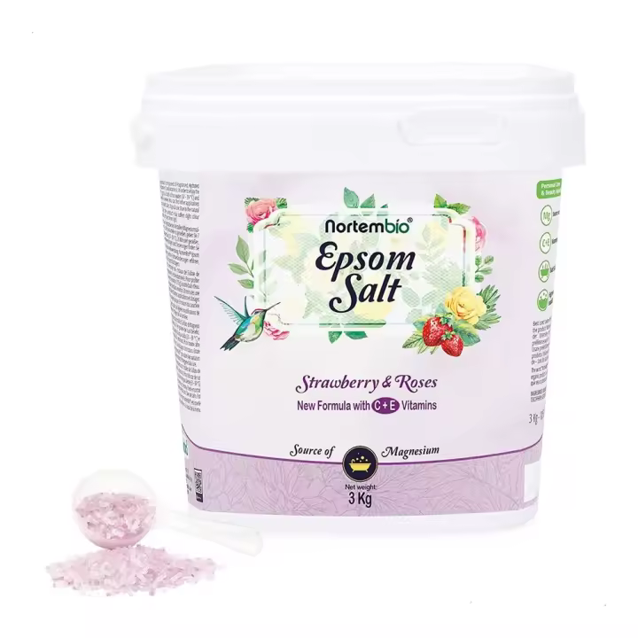 Nortembio. Sal Epsom 3kg. Fragancia Fresa y Rosas. Sal de baño Hidratante con Vitamina C y E. Relajación y Aromaterapia. - 1
