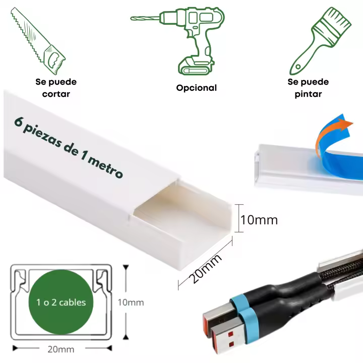 6x1metro de Canaletas para Cables Pared Adhesivo con Accesorios de Unión - Pack de 6 Canaletas para cables de 1m y  Accesorios - Canaleta Cables color blanco para Organizar, Proteger y cubrir cables - 1