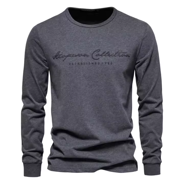 Nueva camiseta de manga larga de color sólido para hombre, talla europea, deportes casuales, cuello redondo, camisa de manga larga con estampado de letras de algodón puro - 1