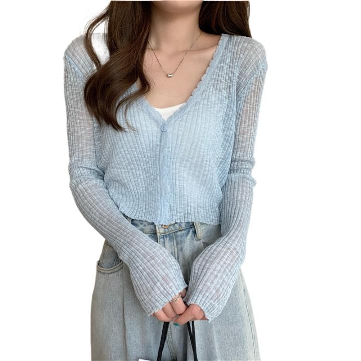 Cardigan Ribbed Tejido Transparente Con Botón Para Mujer Y Adolescentes Primavera Verano 2026 Cardigan Ajustado De Corte Corto