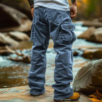 Pantalones De Corduroy Para Hombre Estilo Americano Vintage Con Multípodos Corte Relajado Calor Grueso Moda Casual De Calle - details 3
