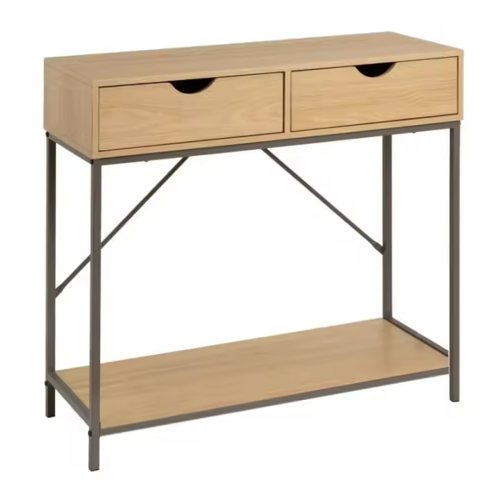 Dcasa Consola cubo de metal con 2 cajones de madera natural de 80x30x75 cm - 1
