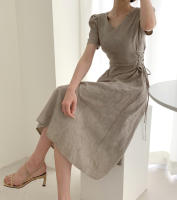 Vestido Largo De Algodón Y Lino Para Mujer Estilo Retro Vintage Con Manga Corta Diseño Sólido A-Line Cuello V Moda De Oficina - details 20
