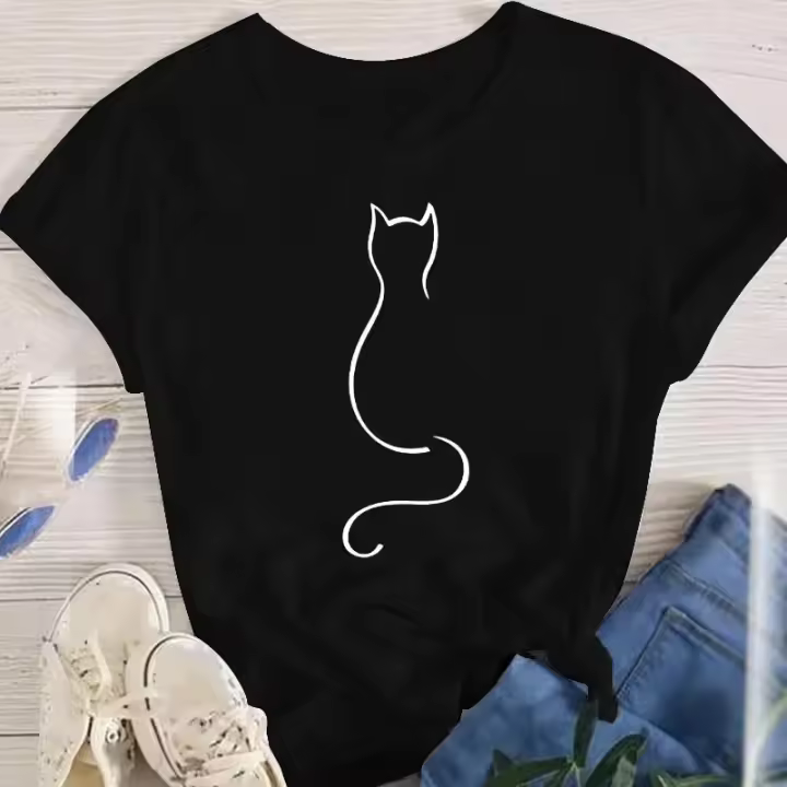 Camiseta De Gato Divertido Para Mujer Estilo Casual Verano Tops De Animal Cuello Redondo Te De Sintético Talla True Fit - 1