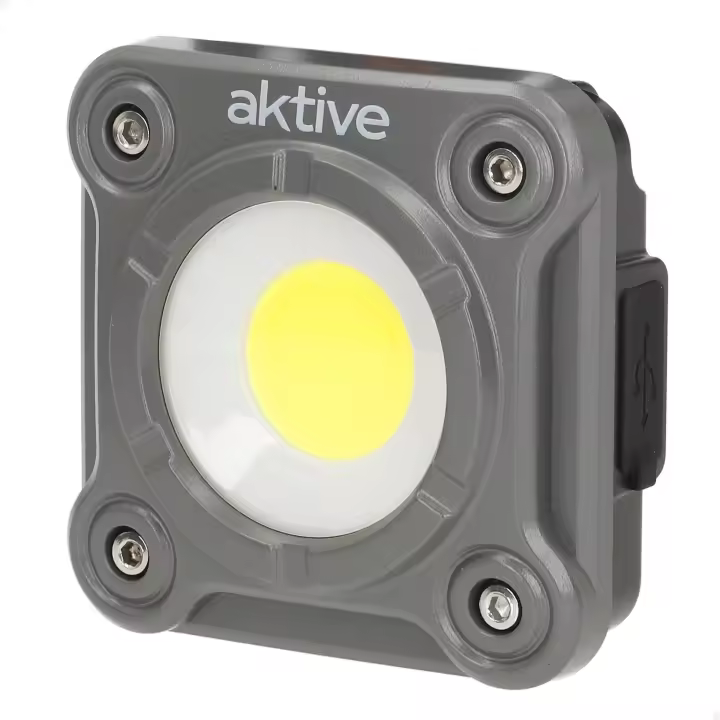 Aktive - Foco LED portátil 1000 lm, luz potente con alcance 30 m, 3 niveles intensidad, batería recargable USB con 2-4,5 h de autonomía, base magnética y clip giratorio, compacto 8x8x4 cm, resistente a salpicaduras IP44, ideal para camping y emergencias - 1