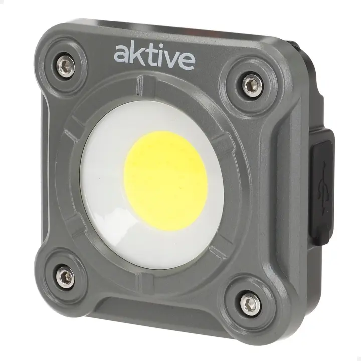 Aktive - Foco LED portátil 1000 lm, luz potente con alcance 30 m, 3 niveles intensidad, batería recargable USB con 2-4,5 h de autonomía, base magnética y clip giratorio, compacto 8x8x4 cm, resistente a salpicaduras IP44, ideal para camping y emergencias - 1