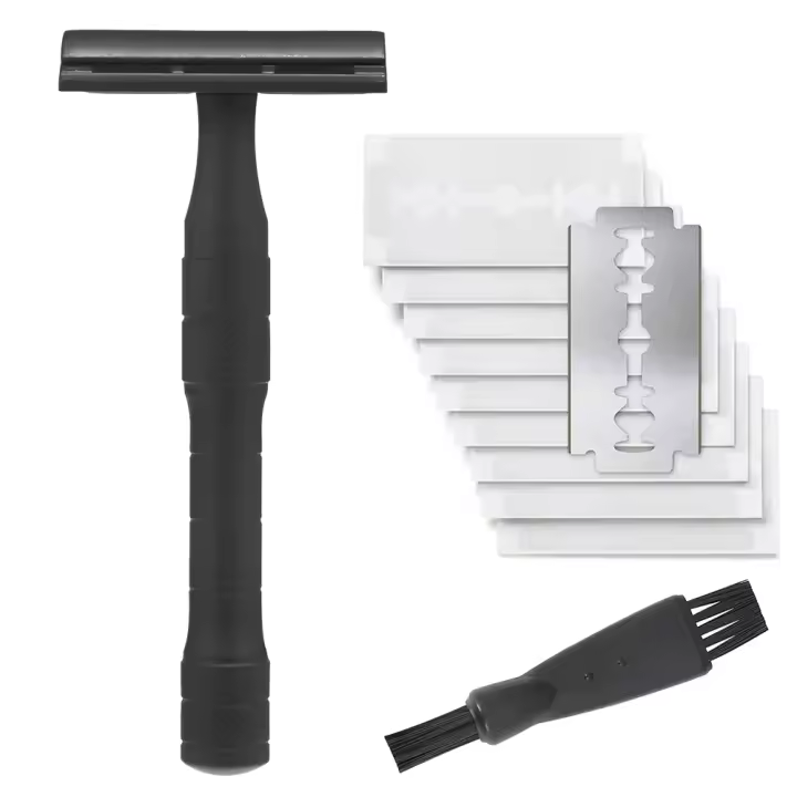 Afeitadora De Seguridad Reutilizable Para Hombres Con 10 Hojas De Afeitar Doble Orilla Platinadas Cuchilla De Zinc Aleación Y Mango De Aluminio Para Rostro Cuerpo Y Bikini - 1