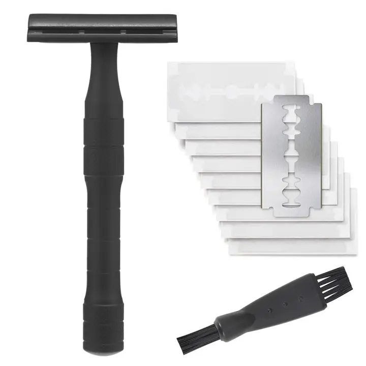 Afeitadora De Seguridad Reutilizable Para Hombres Con 10 Hojas De Afeitar Doble Orilla Platinadas Cuchilla De Zinc Aleación Y Mango De Aluminio Para Rostro Cuerpo Y Bikini - 1