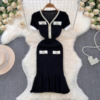 Vestido De Sirena Corto Con Mangas Y Cuello V Vintage REALEFT Para Mujer Knit De Verano Con Botones Cintura Alta Longitud De Rodilla - details 29
