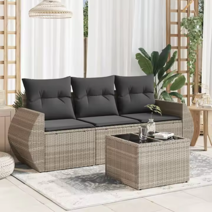 vidaXL Set de sofás de jardín 4 pzas y cojines ratán sintético gris - 1