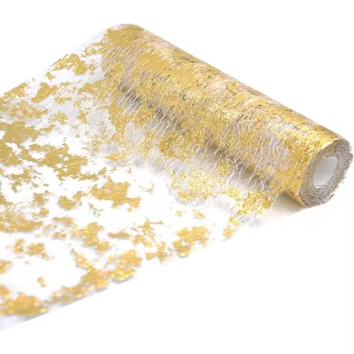 Camino de mesa metálico dorado de 5 m, mantel de lámina dorada de 28 cm de ancho, cinta de regalo floral para envolver regalos de bricolaje para fiestas de cumpleaños, bodas y Navidad - 1