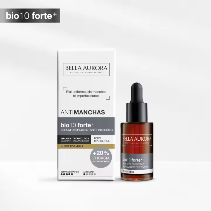 Bella Aurora BIO10 FORTE+ Serum Despigmentante Gotero | Reduce manchas oscuras de sol, edad y hormonales | Con ácido tranexámico y vitamina C | Protección UVA, UVB, IR y luz azul | 30ml - 1