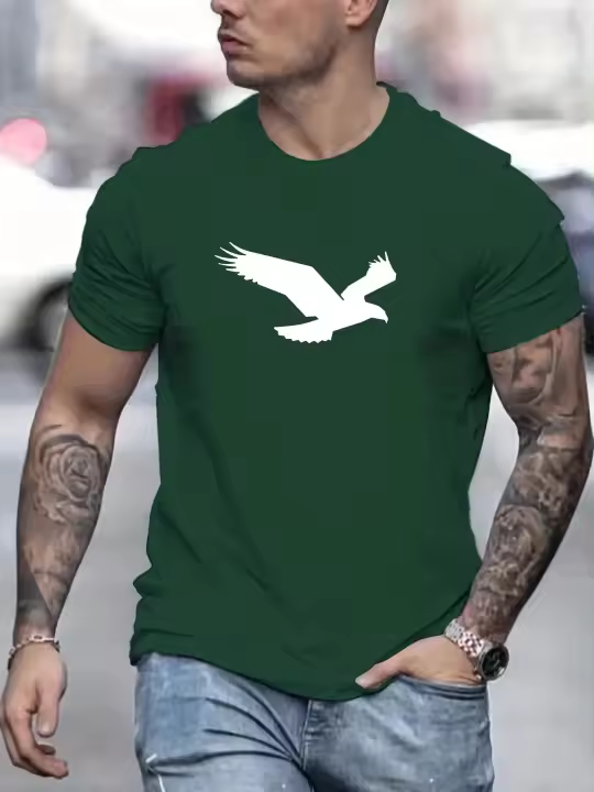 Camiseta Casual De Verano Para Hombre Con Patrón De Águila Algodón 100% Cuello Redondo Manga Corta Transpirable T-Shirt Top - 1