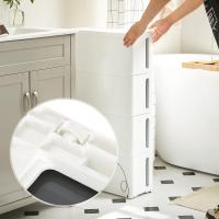 Cajonera estrecha con 4 cajones, deslizable con ruedas extraíbles, ahorro de espacio para baño, blanco y marrón o gris, 45x17x84 cm - details 4