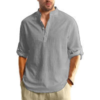 Camisa Henley De Manga Larga Para Hombre Algodón Ligera Transpirable Estilo Callejero Color Sólido Polo Botones Negocios - details 3