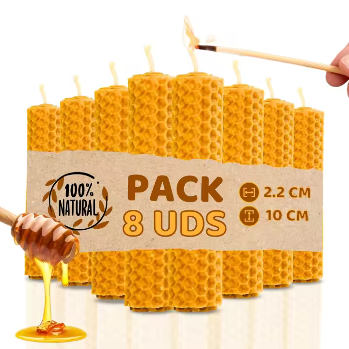 Pack de 8 Velas de Miel de Abeja para Rituales 100% Natural - DECEVI - Hechas a Mano - Origen España - SIN PARAFINA - Velas 10 cm x 2,2 cm - Enciende la Magia de la Luz Suave y Cálida - 1