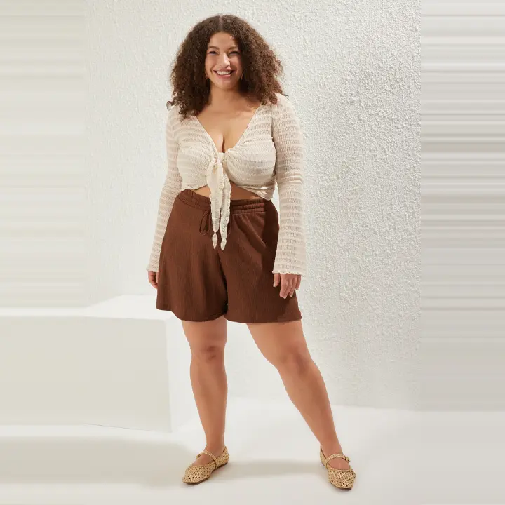 Trendyol Brown Elastic Waist Plus Size Knitted Shorts Tbbss22Ap00002 - 1