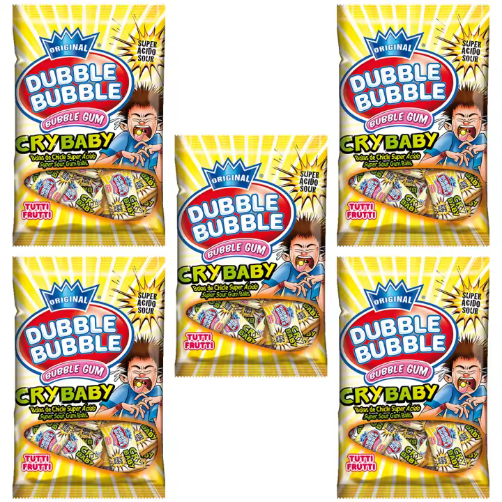 Pack 5 bolsas Dubble Bubble Cry baby Chicle hinchable super ácido sabor tutti frutti  85g - 1