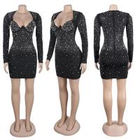 Vestido Bodycon Elegante Para Fiesta Cumpleaños Con Rhinestones Y Diamantes Mujer V-Neck Manga Larga Club Noche Navidad Polyester Spandex - details 0