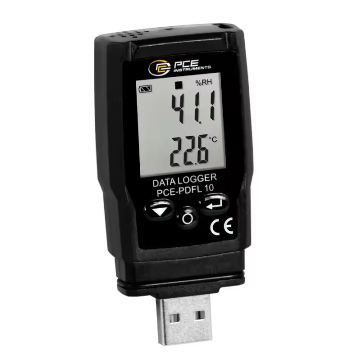 PCE Instruments Registrador de datos de humedad y temperatura / Pantalla LCD / Rango: -30 ... +60 °C / Exportación de datos inmediata en formato pdf y csv / Software / Interfaz USB-A / Memoria para 13.340 valores  PCE-PDFL 10 - 1