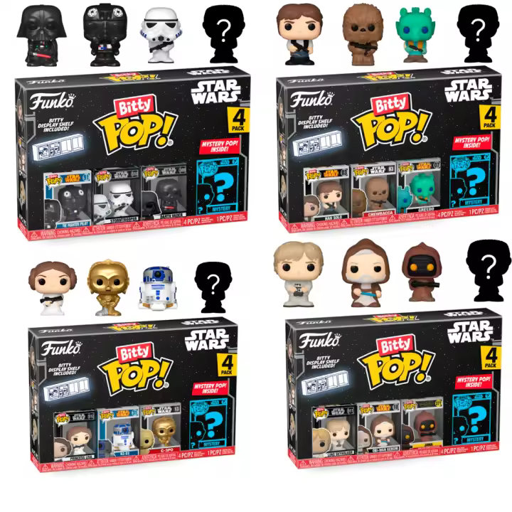 Funko Pack  16 Bitty Pop  Bittys Funko  Pop  Star Wars  (4 packs 4 uds )Darth VAder Luke Skywalker Leia R2-D2 C3po Han Solo Greedo Chewbacca Stotmtrooper Tie Pilot - 1