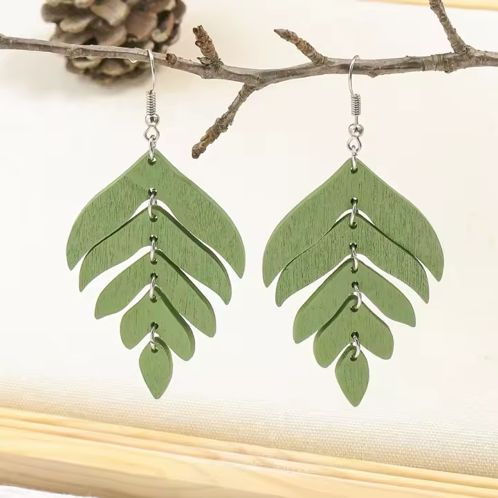 Juego De Pendientes Colgantes De Madera Con Láser Moda Etnia Hermoso Hoja Pluma Geometría Colorida Joyería Para Mujer - 1