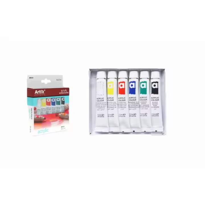 MP-ARTIX PAINTS, Set de Pinturas Acrílicas, 12 tubos de 12 ml, 12 Piezas, No Tóxico, Colores Surtidos, Secado Rápido, Resistencia al Agua, Uso en Varios Materiales, Manualidades, Decoración - 1