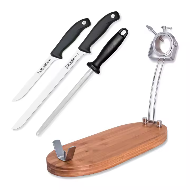 3 Claveles - Kit Soporte Jamonero Plegable en Bambú y Cuchillos Jamoneros con Chaira - 1