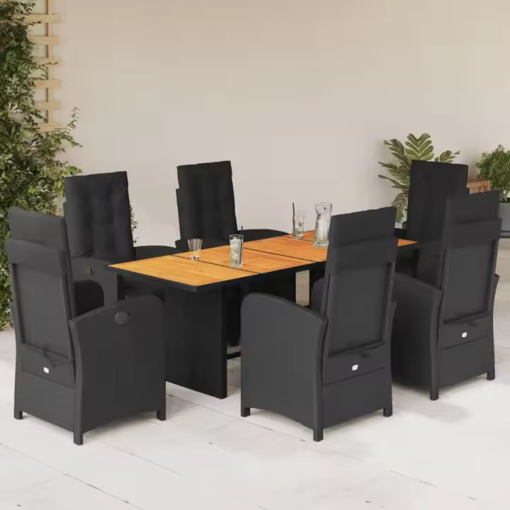 vidaXL Set de comedor de jardín 7 pzas y cojines ratán sintético negro - 1
