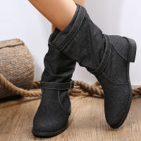 Botas De Motociclista Retro Para Mujer Talla Grande Punk Cowboy Con Hebilla Casual Moda Botas Hasta La Rodilla Material Denim Y Caña De Bote De Lona - details 10
