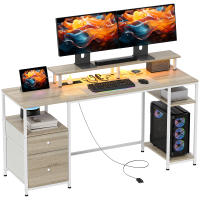 HOMCOM Mesa de Escritorio Mesa de Ordenador con Luces LED Estantes Cajones Tomas de Corriente Puertos USB y Soporte para Monitor para Oficina Estudio 155,5x48x88,5 cm Natural - details 0