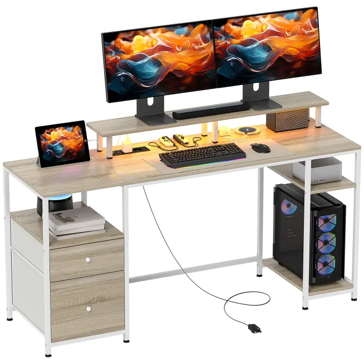 HOMCOM Mesa de Escritorio Mesa de Ordenador con Luces LED Estantes Cajones Tomas de Corriente Puertos USB y Soporte para Monitor para Oficina Estudio 155,5x48x88,5 cm Natural - 1
