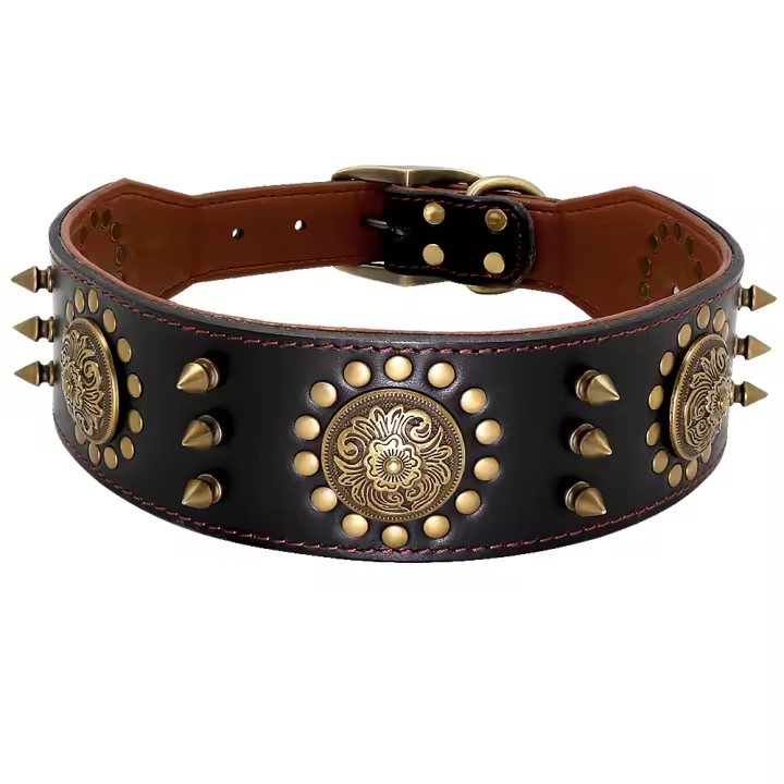 Correa Grande De Cuero Genuino Para Perros Medianos Y Grandes Con Espinas Y Aros Resistente Y Duradera Color Marrón - 1