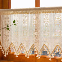 Cortinas Boho Tela Voile Transparente Para Cocina Sala De Estar Dormitorio Con Borlas Cortina Corta De Tela Transparente Filtro De Luz - details 2