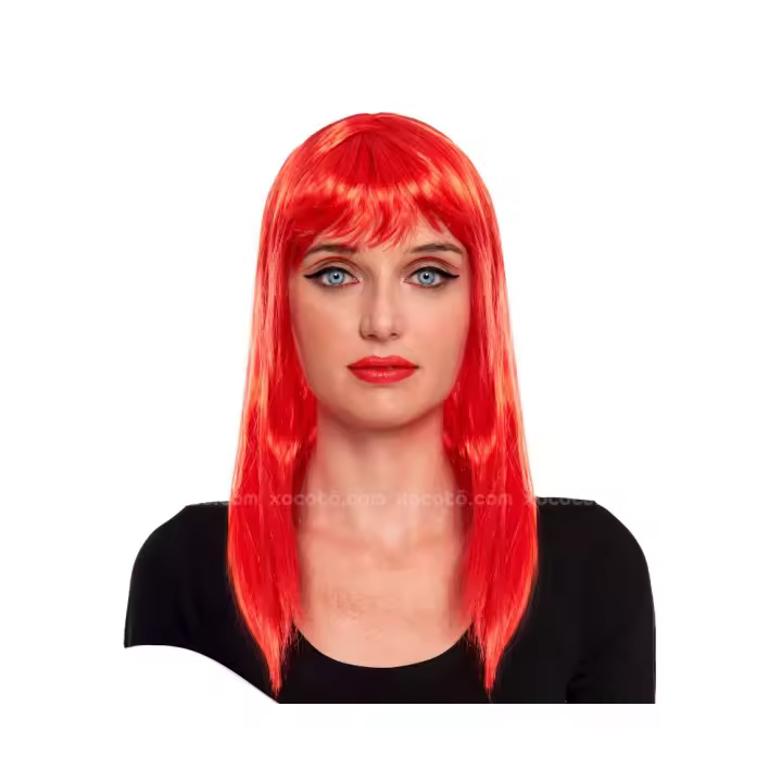 Festëën® Peluca lisa con flequillo rojo vivo  Hasta el hombro  Peluca ideal para fiestas, complemento de disfraces, etc - Festëën® - 1