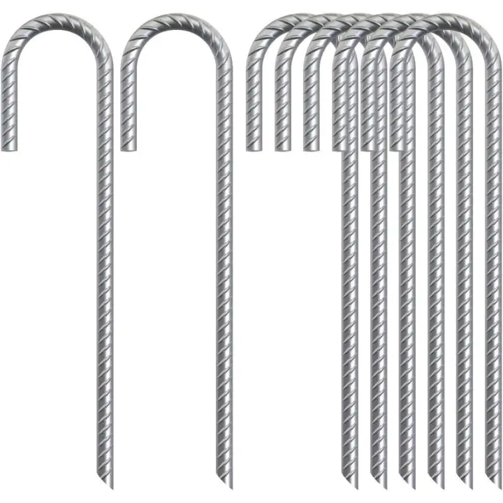 Tent Pegs Metal Heavy Duty: 8 Pack 12-Inch Steel Ground Pegs - Strong Galvanised J-Shape Rebar Stakes for Outdoor Camping, Garden - 1