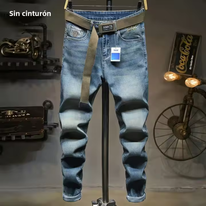  Jeans Azul Vintage Para Hombre Ajustados Pantalones De Motociclista De Moda Otoño Streetwear Para Piernas Pequeñas Estilo Coreano Denim Casual Cierre Con Cremallera mid Weight - 1