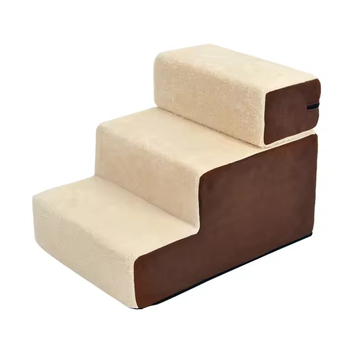 PawHut Escalera para Mascotas Perros Gatos de 3 Peldaños Desmontable y Funda Extraíble Portátil Carga 15 kg 54x40x39 cm Marrón y Beige - 1