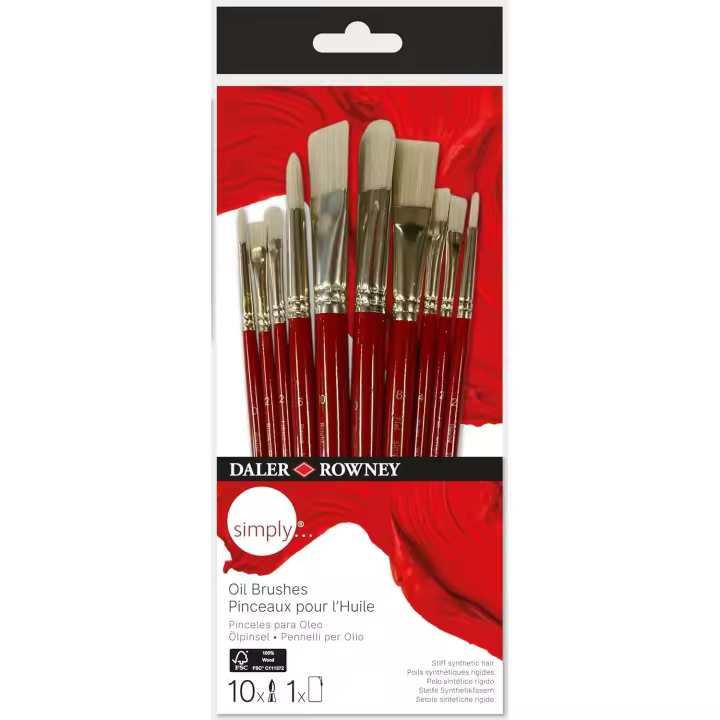 Daler Rowney, Simply, Oil, Stiff Synthetic Hair, Short Handle, Round, Filbert, Bright, Flat, Multiple sizes, Reuseable Ziplock Pouch, 10 Assorted brushes, Wood, Red - 1