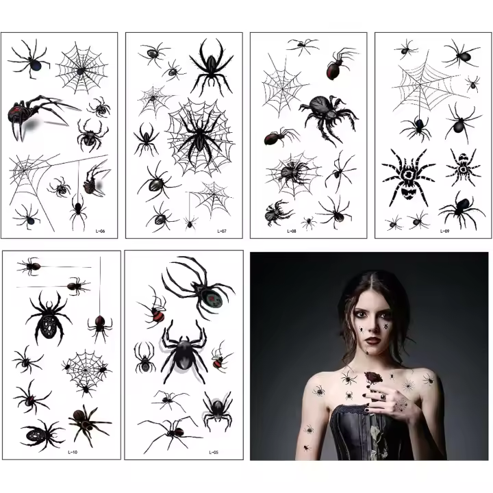 100 pegatinas de tatuajes temporales de arañas de Halloween para adultos, telarañas, tatuajes para niños, para mascarada, carnaval, maquillaje, disfraz, cosplay, fiesta de terror, regalo - 1