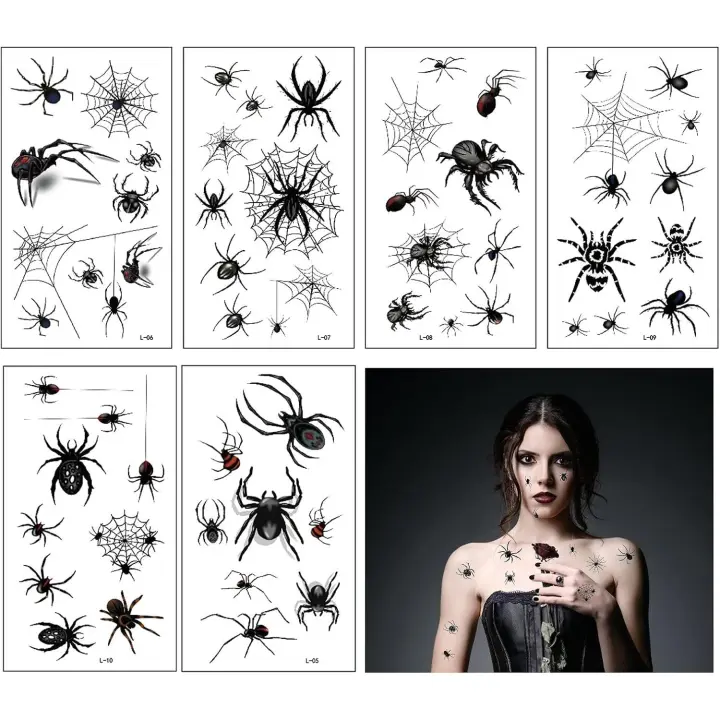 100 pegatinas de tatuajes temporales de arañas de Halloween para adultos, telarañas, tatuajes para niños, para mascarada, carnaval, maquillaje, disfraz, cosplay, fiesta de terror, regalo - 1