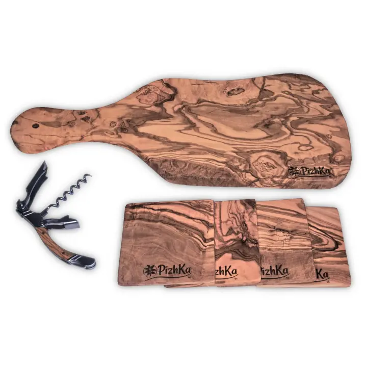 Pizhka Set Regalo Tabla Servir/Cortar Mediana con Asa, Madera de Olivo + Sacacorchos de Lujo + 4 Posavasos Cuadrados Aprox 10cm - 1