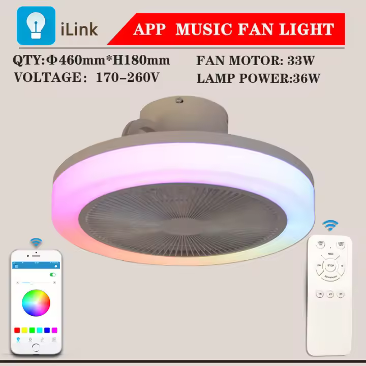Ventilador de Techo Modern LED, Motor DC 20W, Luz Regulable RGB 42W, Cambio de Tres Colores. 6 Velocidades, Remote Control y Temporizador, Diseño Silencioso de 7 Aspas - 1