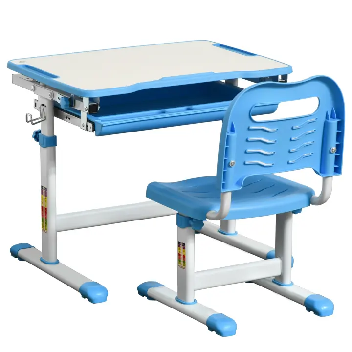 HOMCOM Pupitre Infantil 2 en 1 Juego de Escritorio y Silla para Niños de +6 Años con Altura Ajustable Mesa Regulable en Ángulo y Bandeja Deslizante 66x47x77 cm Azul - 1