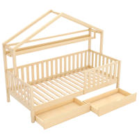 Cama Infantil color Madera, Cama Infantil Cama de Casa Con Cajones, Madera Maciza Con somier de lámparas, Cama de Casa de Pino, habitación Infantil y Juvenil, 90x200, color natural - details 3