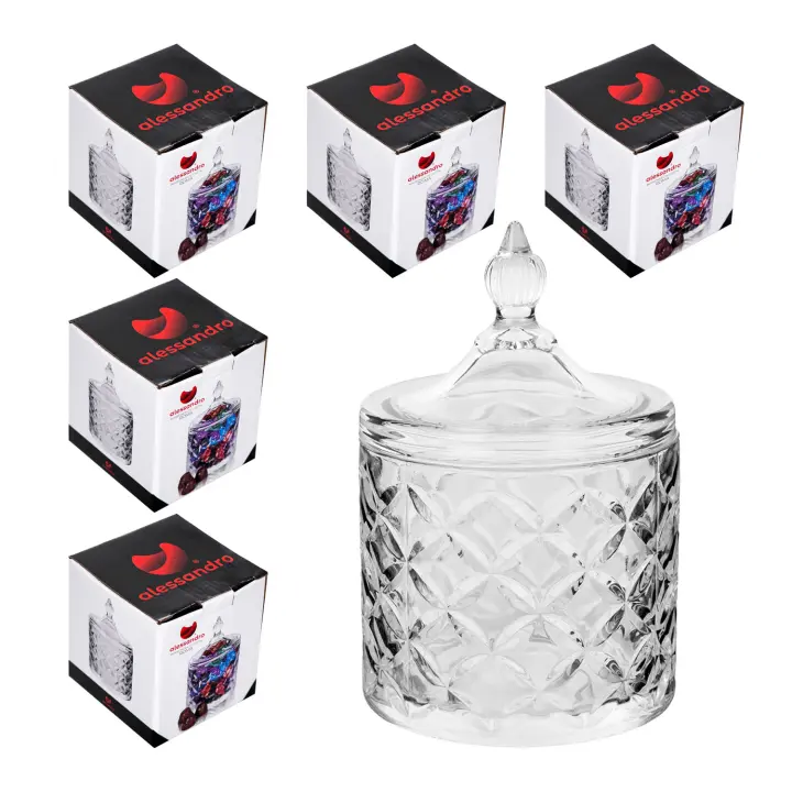 CM - Pack 6 Bombonera de Cristal forma de Cilindro, Con Tapa. Set de Tarros para Bombones, Galletas, Caramelos, Dulces. Centro de Mesa Elegante, Recipiente de Vidrio para Guardar Alimentos. Ideal para Bar, Restaurantes, Cafeterías, Comercios, Hostelería - 1