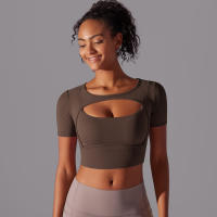 Camiseta de manga corta para Yoga, Top Sexy de Doble Capa, ropa de Malla empalmada, Sujetador Deportivo para correr y Fitness, Color sólido, Mujer - details 8