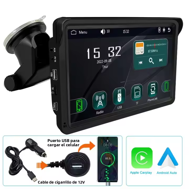 Reproductor Multimedia Para Coche Universal 7 Pulgadas Con Carplay Y Android Auto HD Pantalla Táctil FM AUX USB Bluetooth Sin Cable - 1
