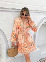 Vestido Elegante Para Mujer Con Manga Larga Y Cuello En V Estampado Con Cierre De Lazo Vestido Corto De Verano A-Line Regular Fit Polyester - details 4