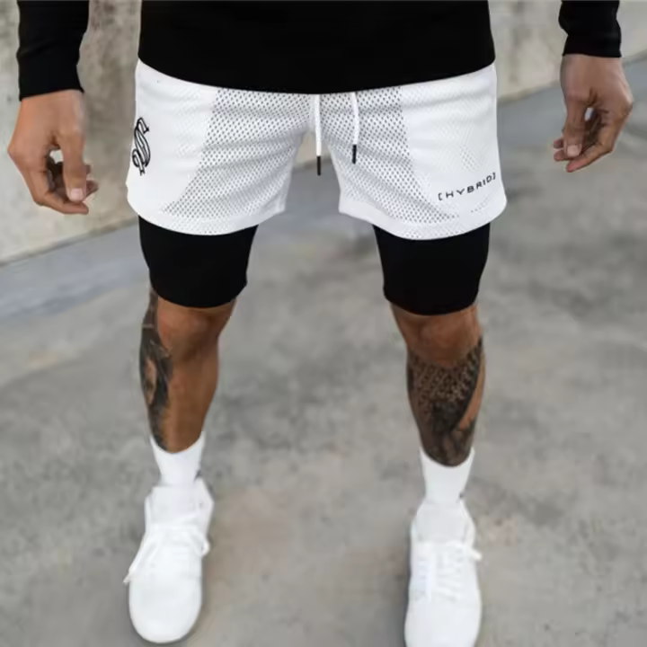 Shorts De Verano Para Hombre Con Impresión Transpirable 2 En 1 Fitness Running Quick Dry Shorts De Malla Para Bodybuilding - 1
